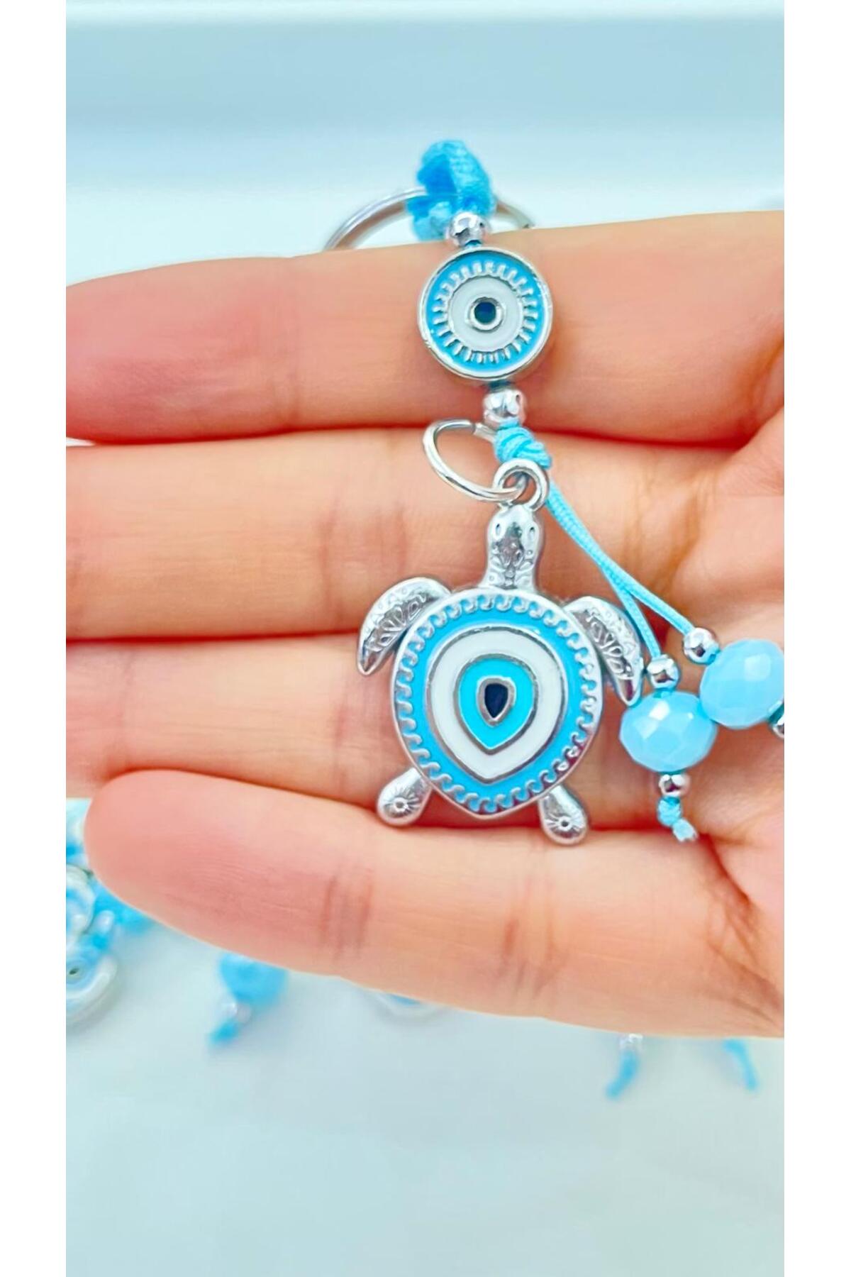 Abigail Silver-Plated Evil Eye Keychain - Light Blue Turtle