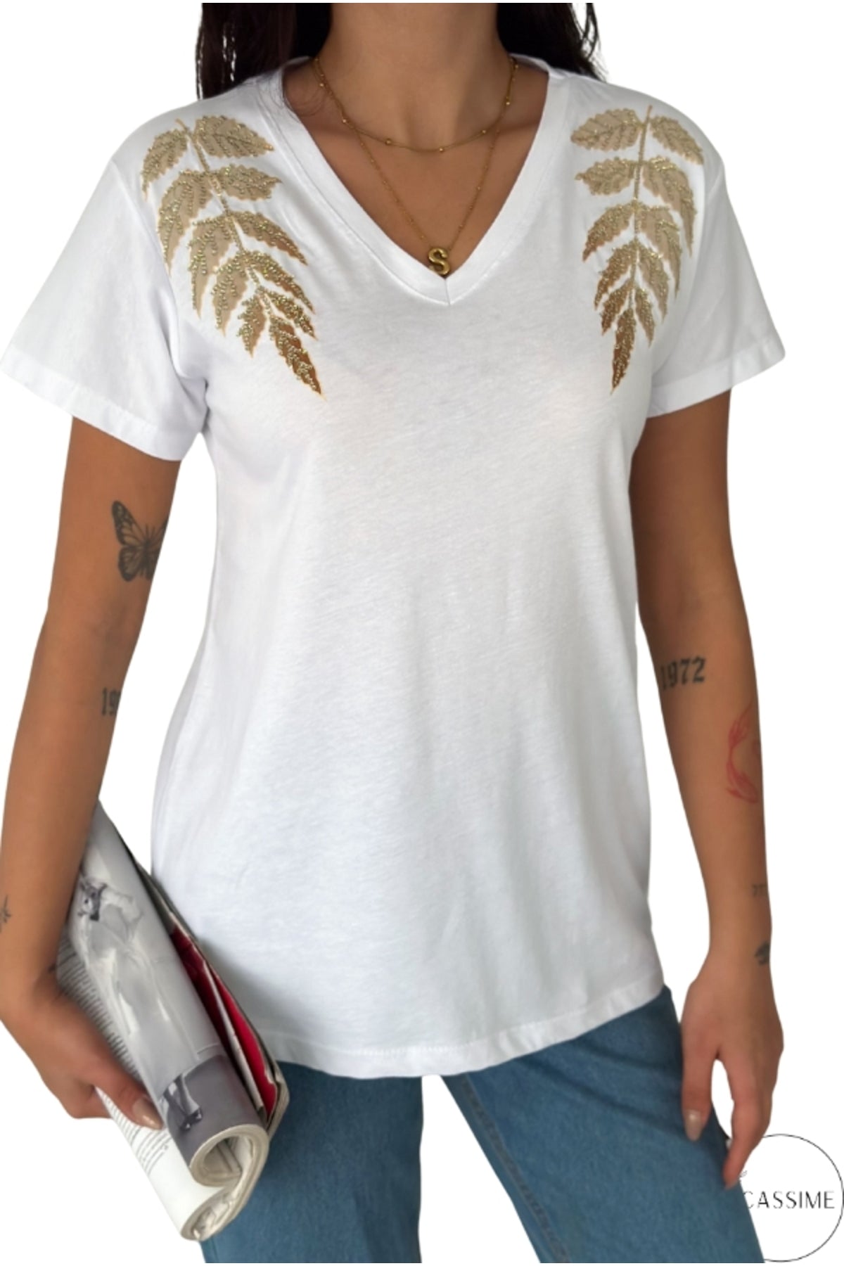 Olivia Women's Cotton Plus Size Embellished V-Neck T-Shirt - White with Gold Leaf Shoulder Sequins