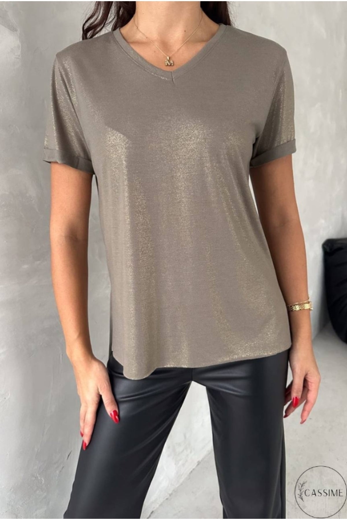 Jessica Women's Cotton Metallic V-Neck T-Shirt - Gold Metallic