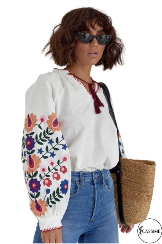 Edith Women's Cotton Floral Embroidered Balloon Sleeve Blouse - White with Multicolor Floral Embroidery