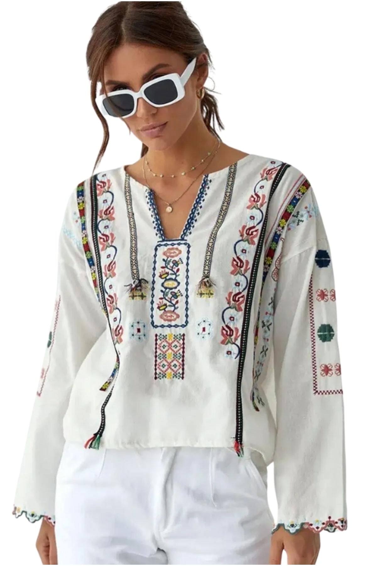 Alexis Women's Cotton-Linen Blend Vintage Inspired Embroidered Blouse - White