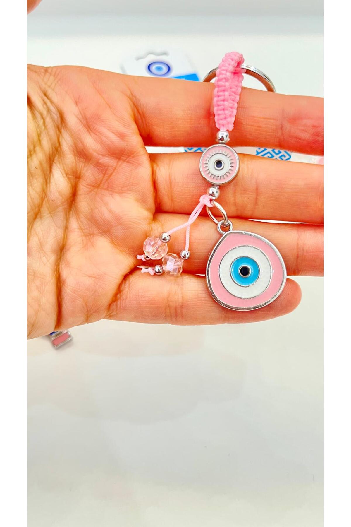 Abigail Silver-Plated Evil Eye Keychain - Pink Teardrop Evil Eye