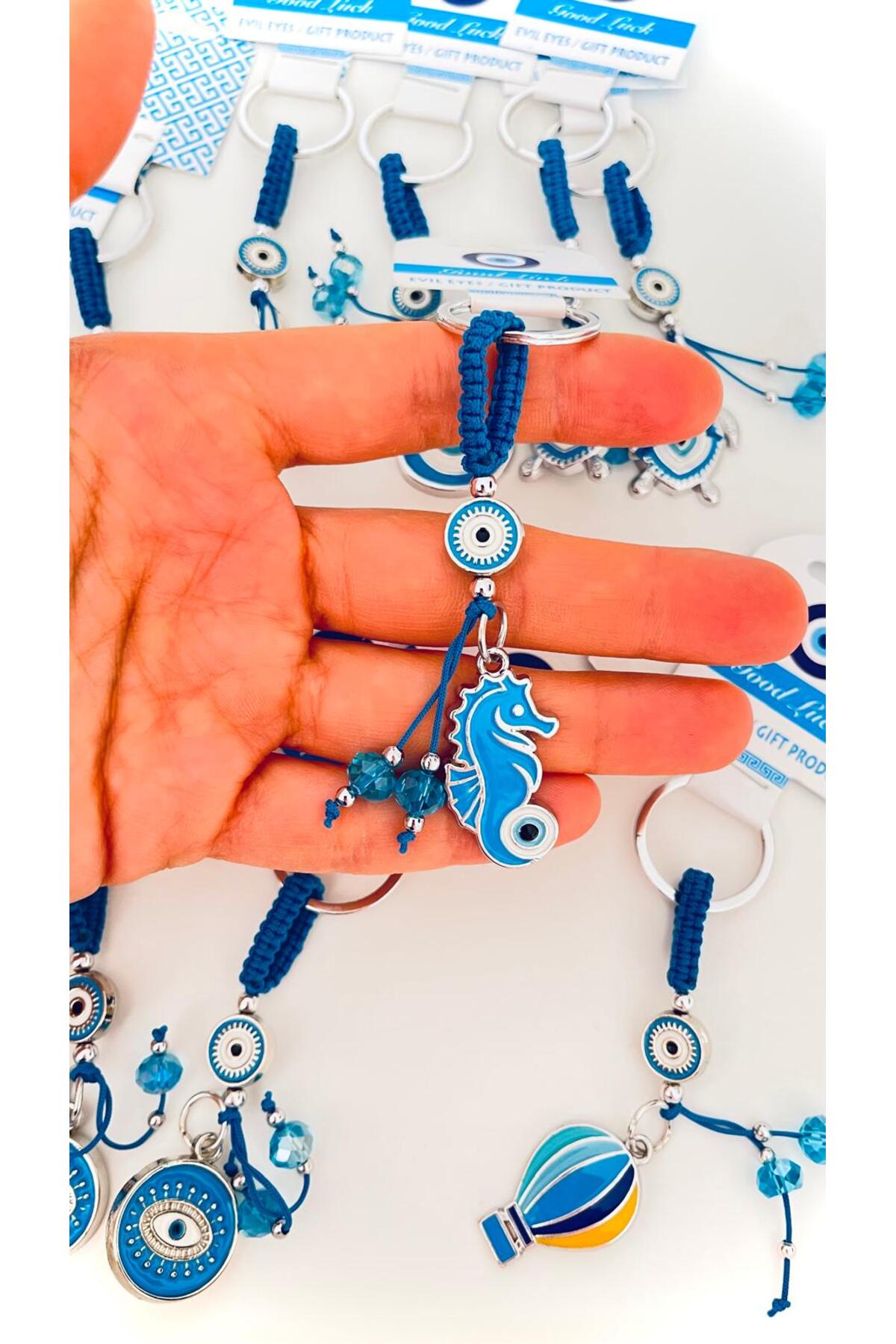 Abigail Silver-Plated Evil Eye Keychain - Blue Seahorse Design