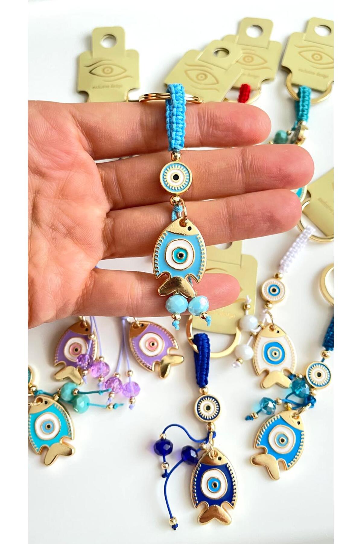 Ivy Gold-Plated Evil Eye Keychain - Light Blue Fish Design