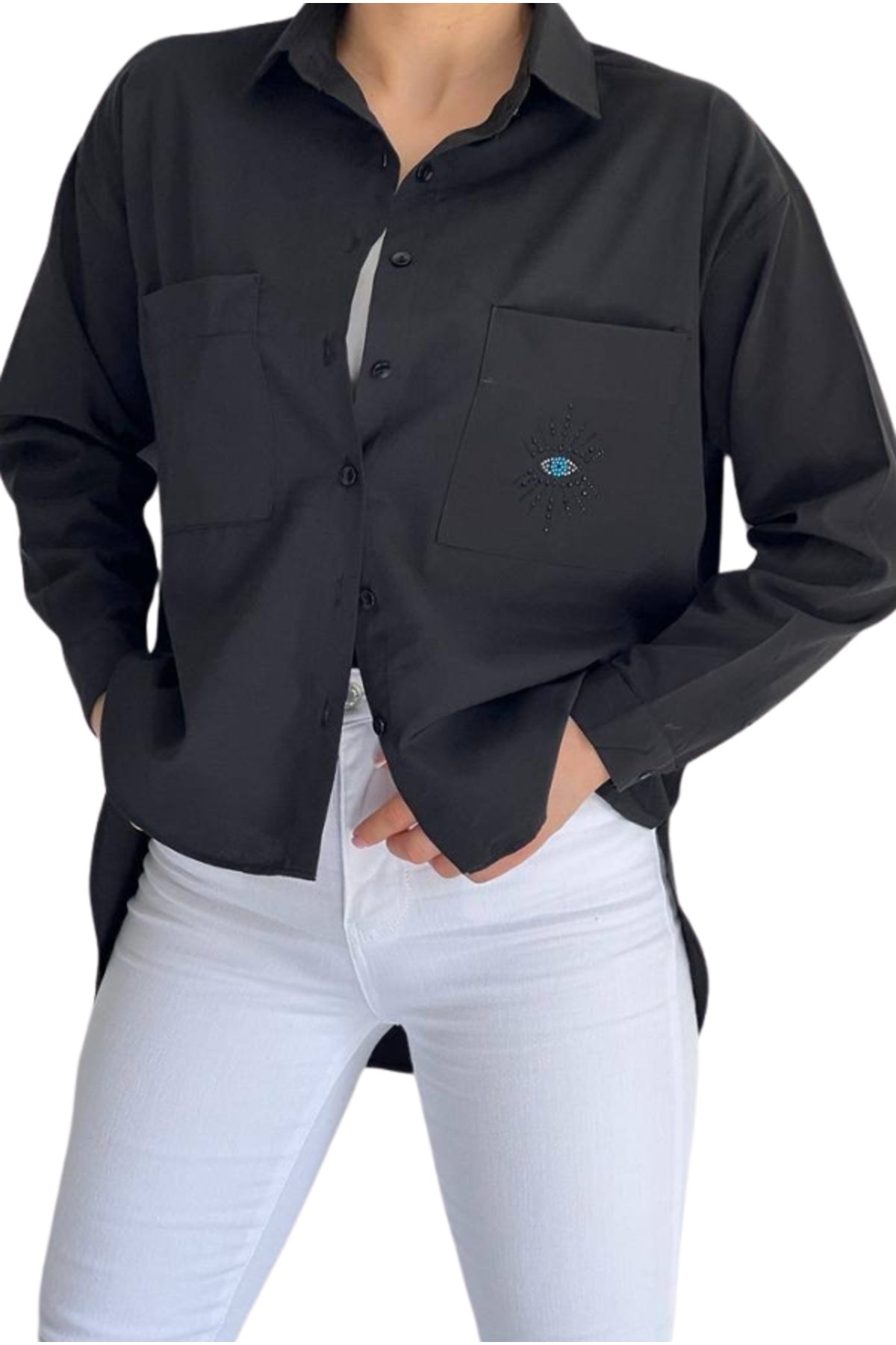 Josephine Women's Cotton Embellished Evil Eye Pocket Shirt - Black
