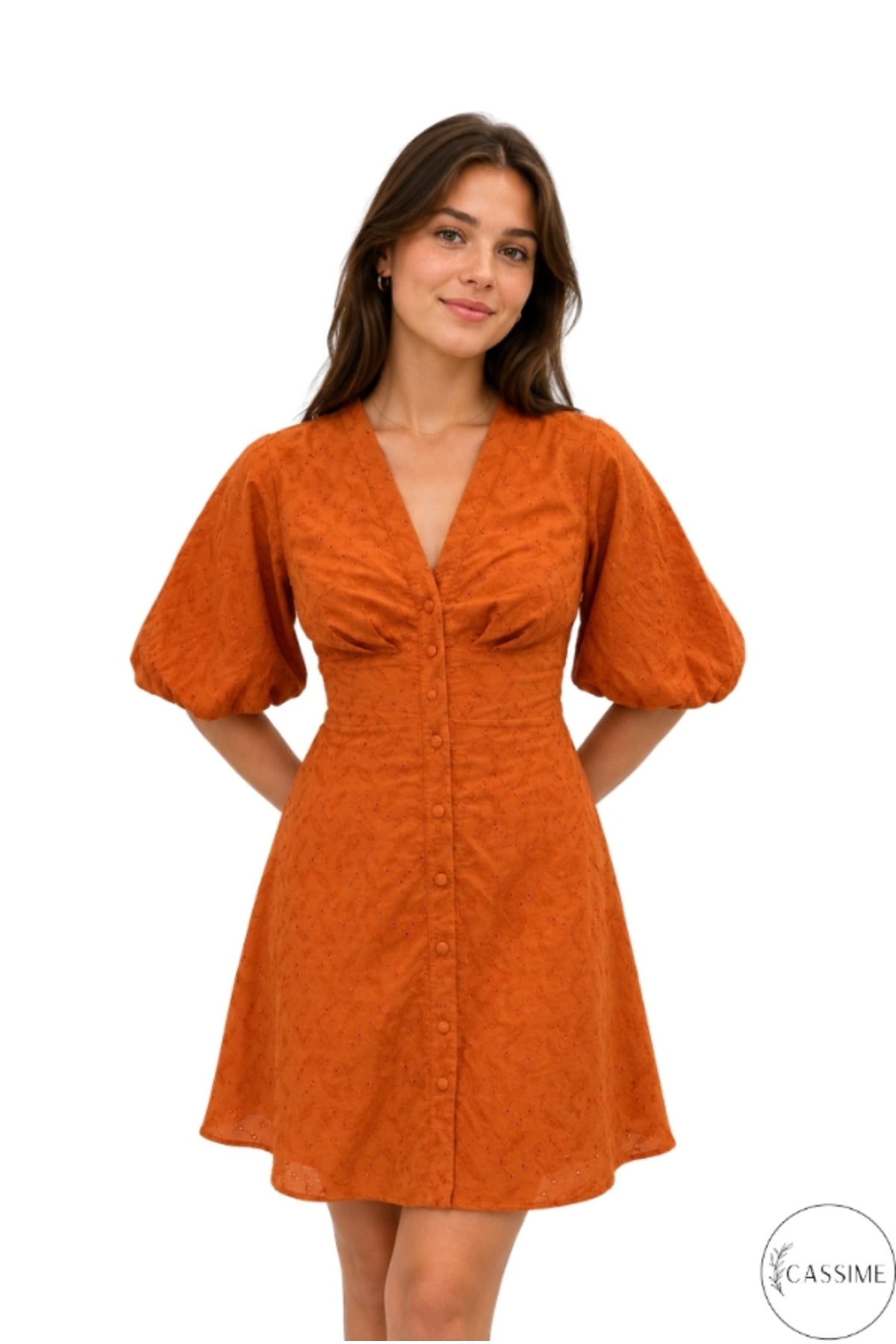 Clara Women's Cotton Blend Broderie Anglaise V-Neck Mini Dress - Terracotta
