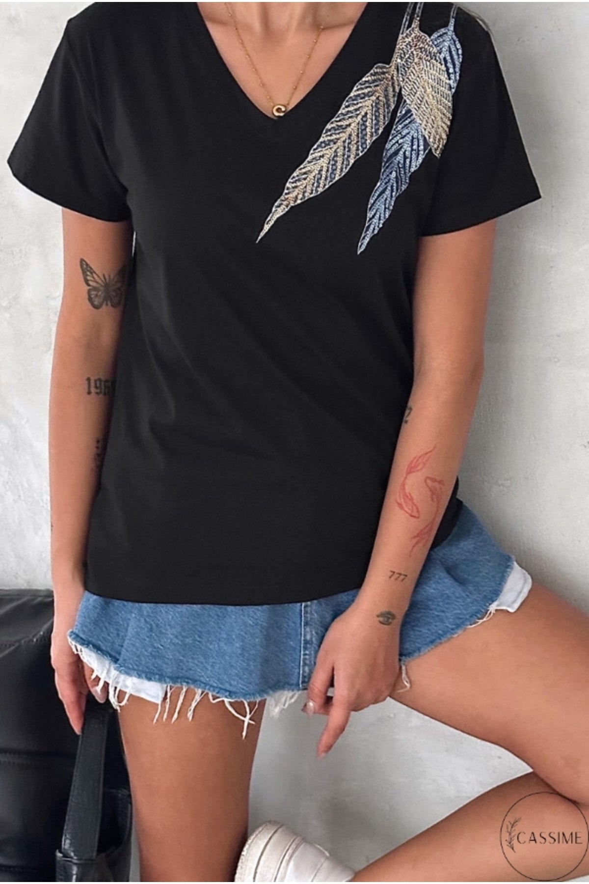 Olivia Women's Cotton Plus Size Embellished V-Neck T-Shirt - Black and Blue Feather Print
