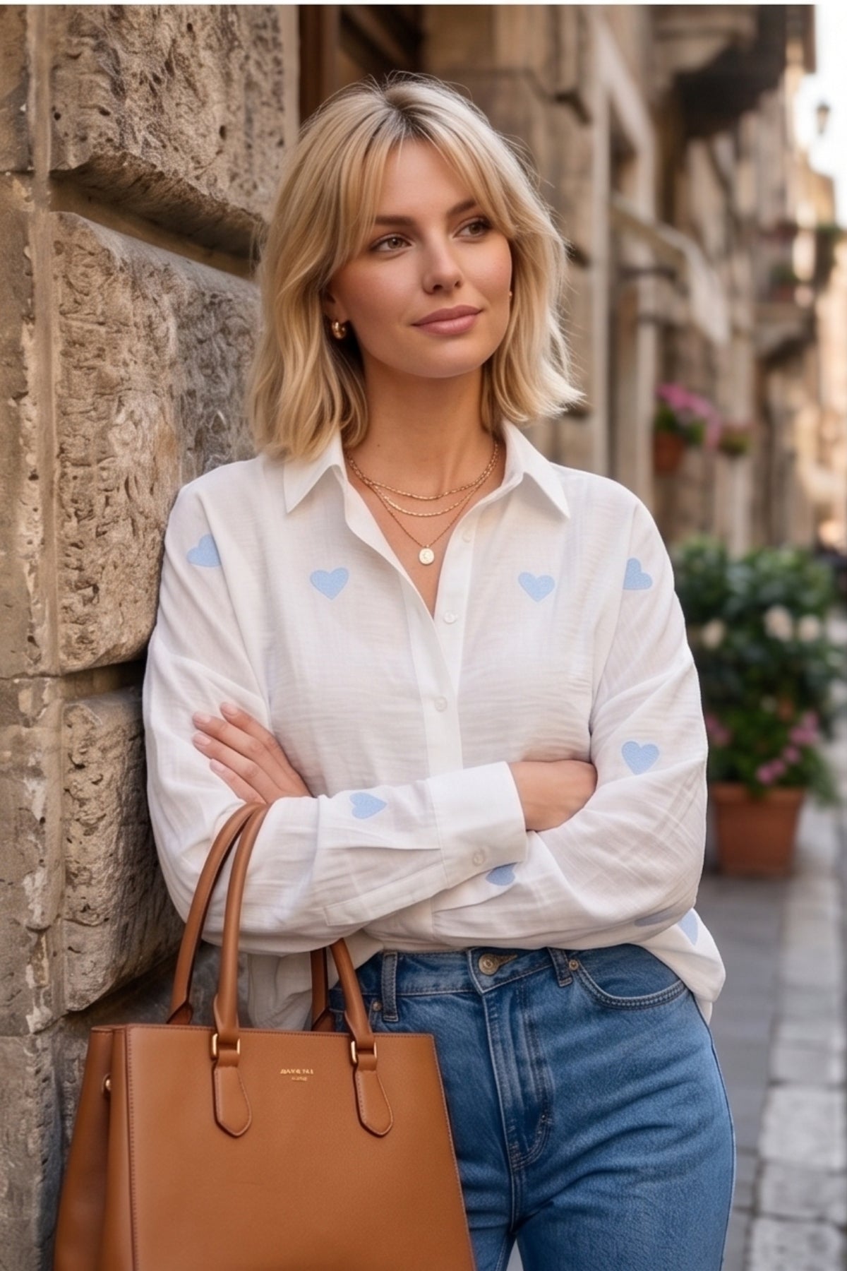 Delilah Women's Cotton Oversized Embellished Long Sleeve Shirt - Ecru with Blue Heart Embroidery