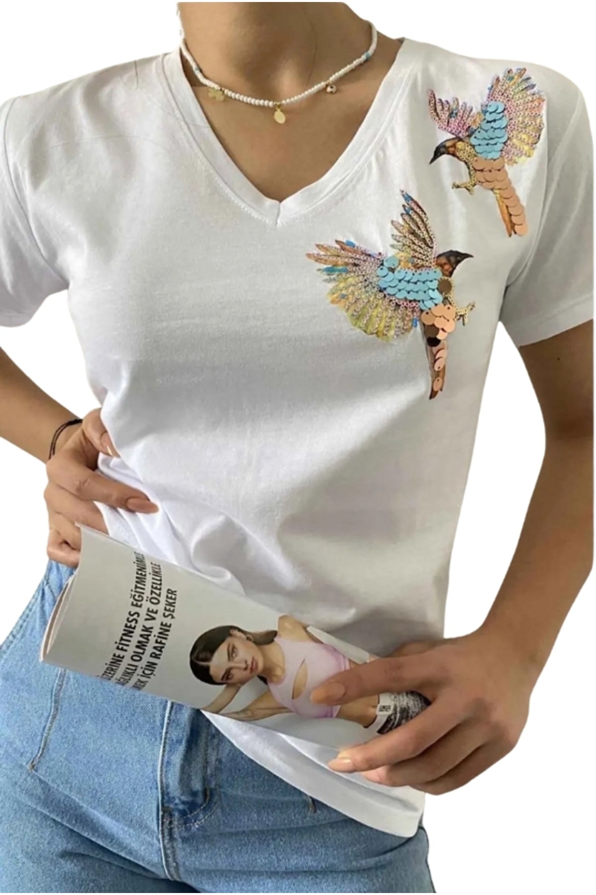 Olivia Women's Cotton Plus Size Embellished V-Neck T-Shirt - White with Bird Embroidery