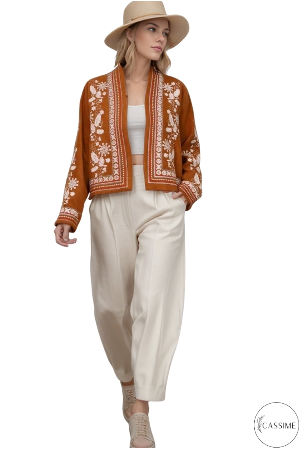 Caitlin Women's Floral Embroidered Boho Jacket - Camel