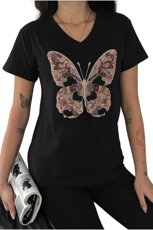 Olivia Women's Cotton Plus Size Embellished V-Neck T-Shirt - Black with Butterfly Embroidery