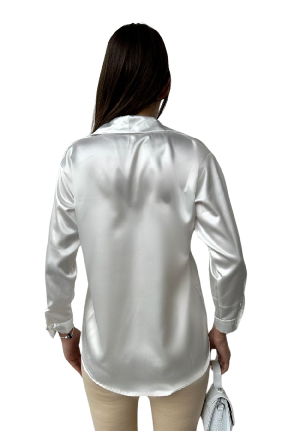 Leah Women's Classic Satin Button-Up Shirt - Ecru