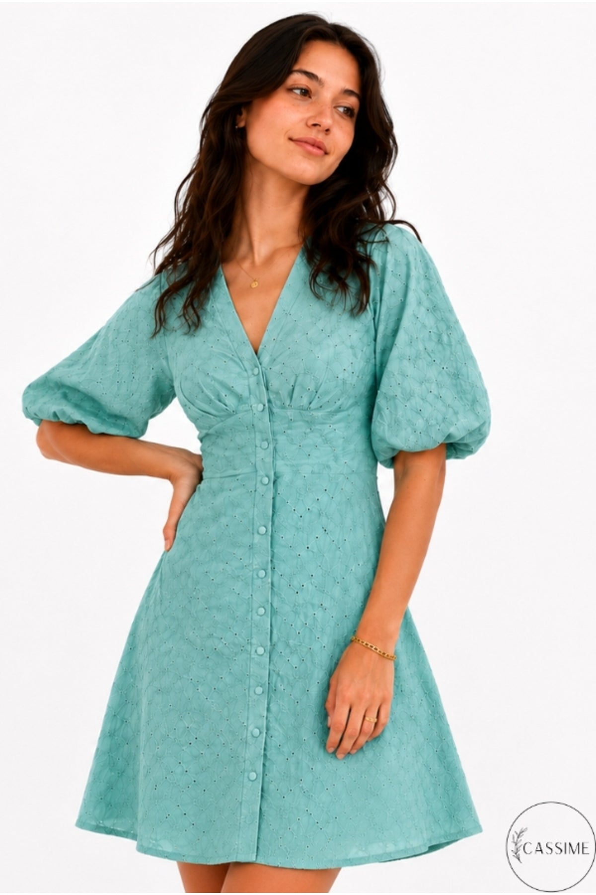 Clara Women's Cotton Blend Broderie Anglaise V-Neck Mini Dress - Almond Green