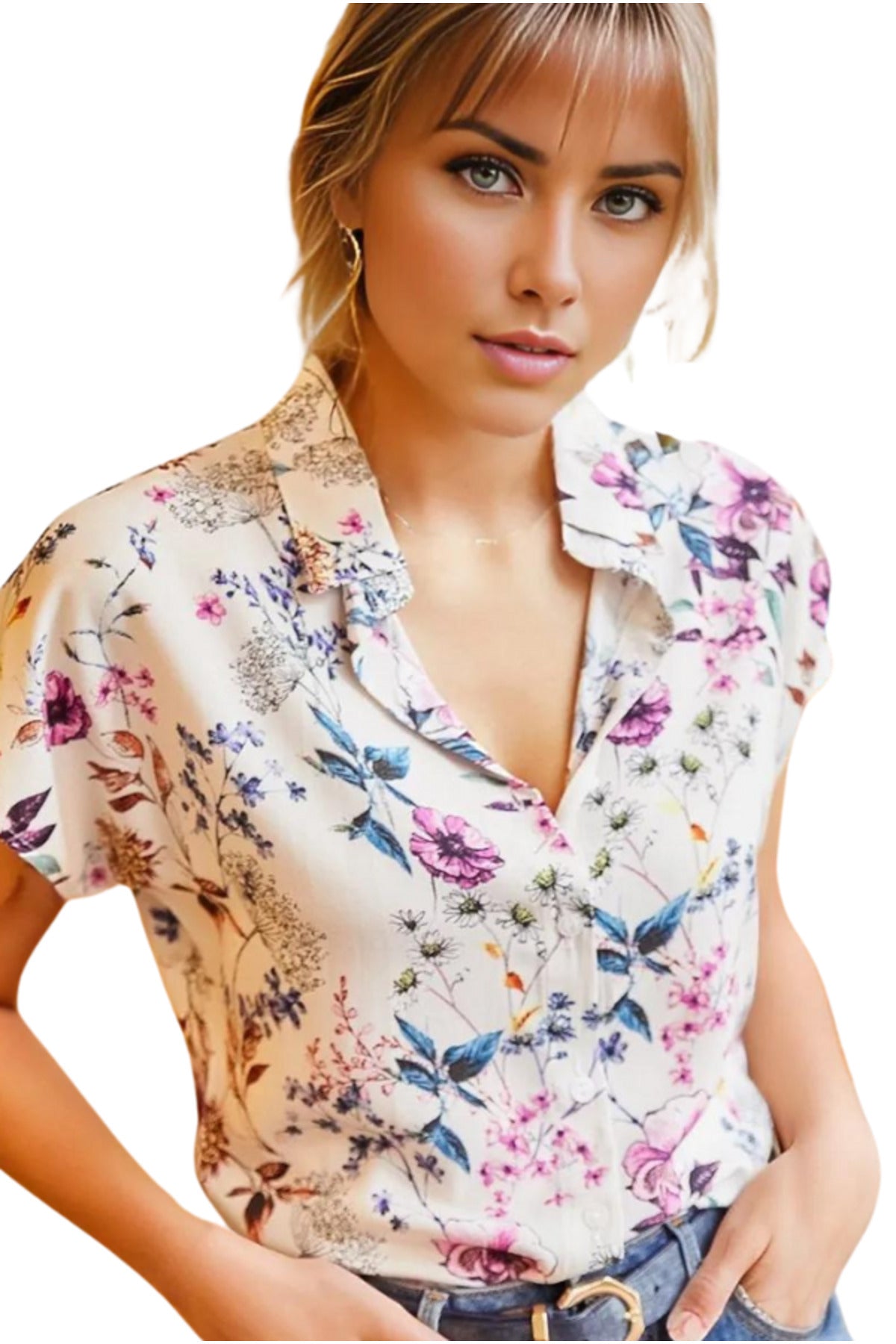 Charlotte Women's Short Sleeve Batwing Shirt - Purple Flower