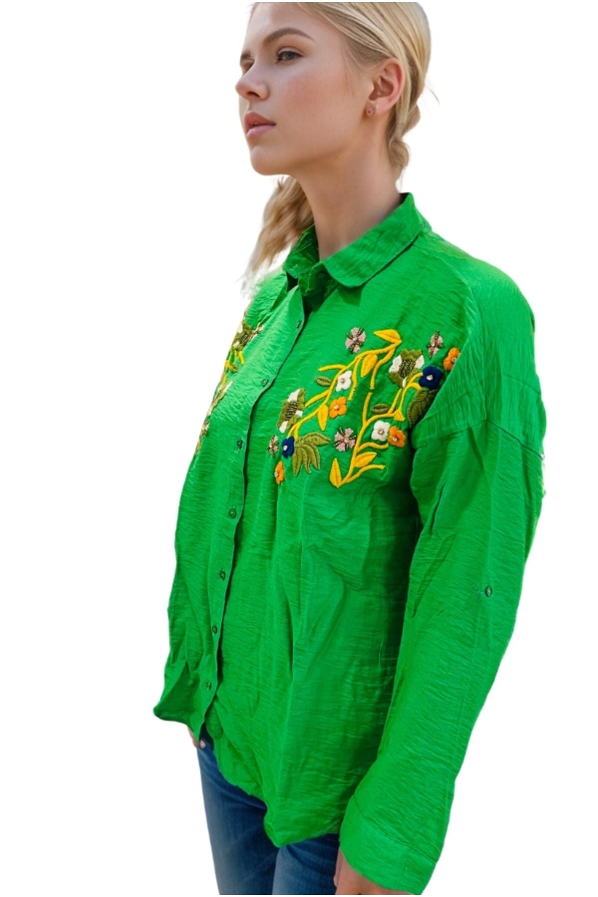 Claire Women's Floral Embellished Button-Up Shirt - Green Floral Embroidery