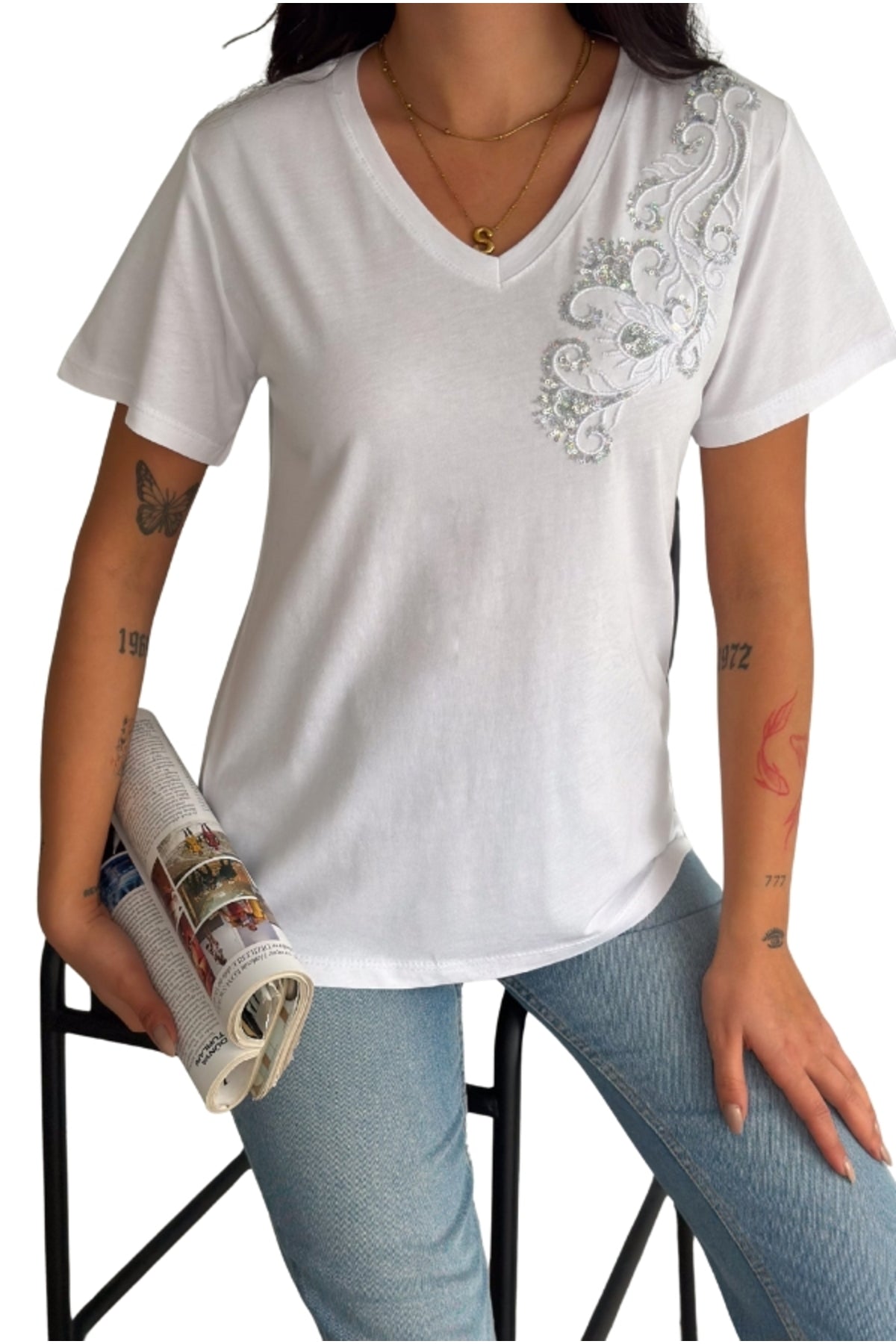 Emma Women's Cotton Embellished T-Shirt - White with Floral Shoulder Detail