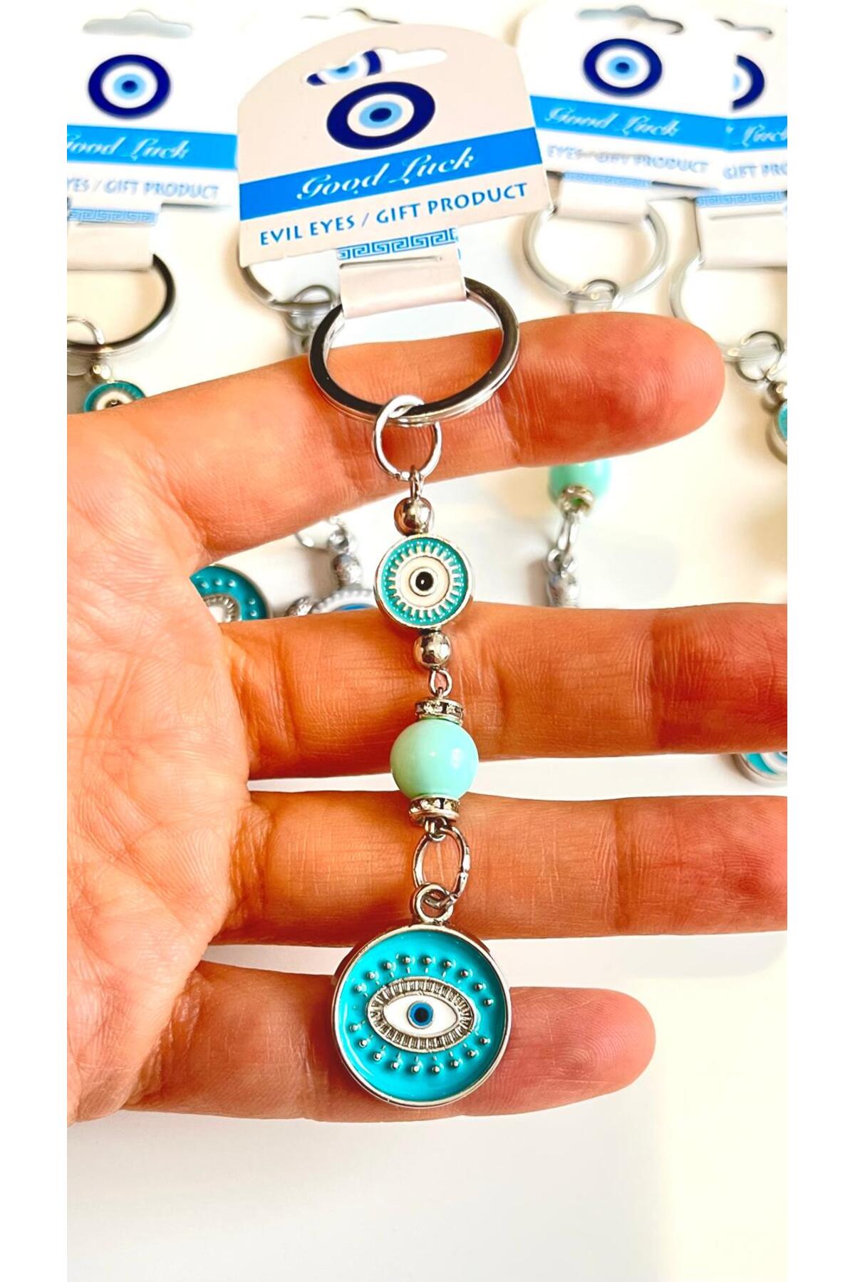 Abigail Silver-Plated Evil Eye Keychain - Round Turquoise Evil Eye Metal
