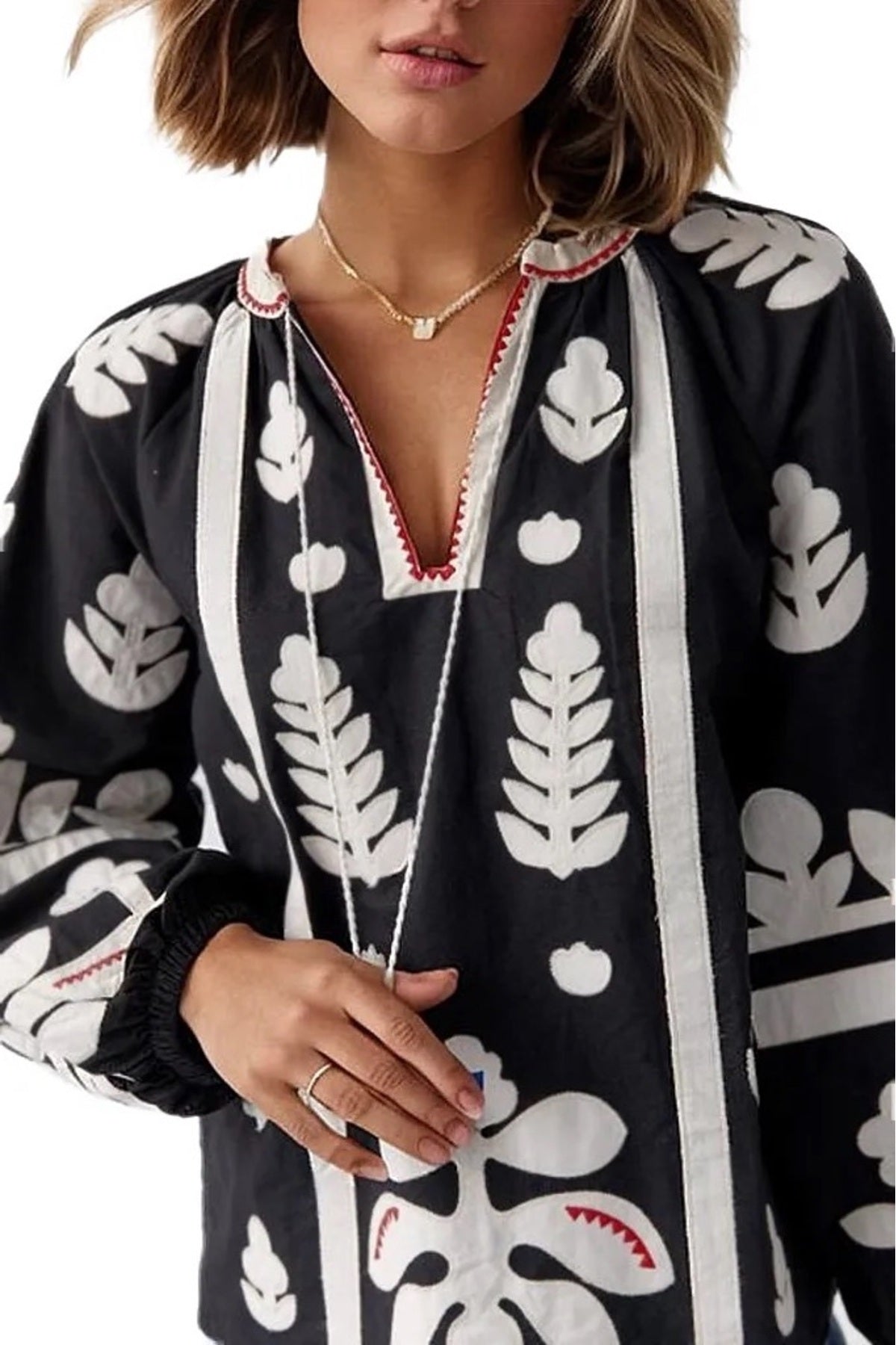 Paige Women's Cotton Embroidered Long Sleeve Woven Blouse - White with Black Embroidery