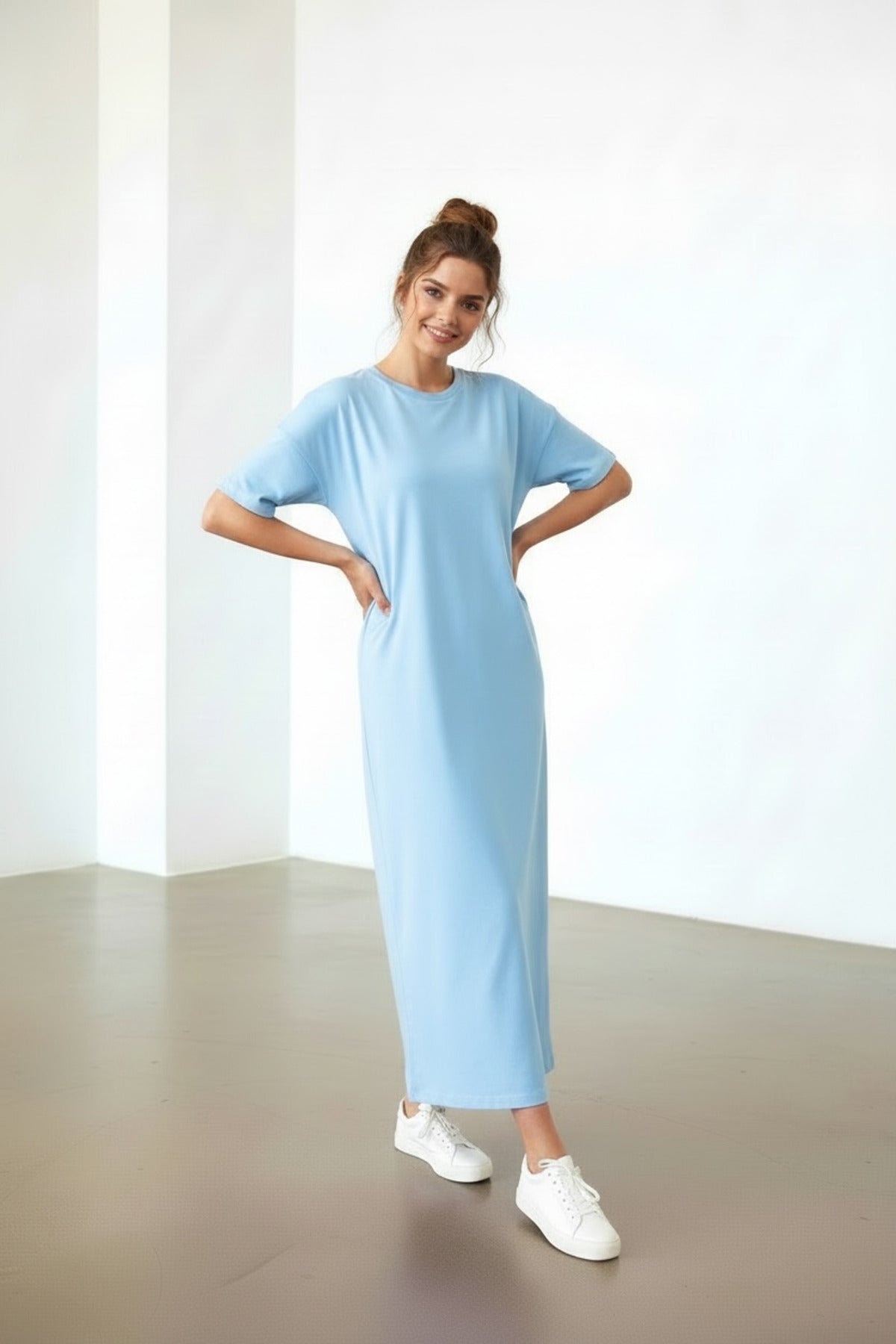 Lucille Women's Half Sleeve Knit Maxi Dress with Slit - Baby Blue