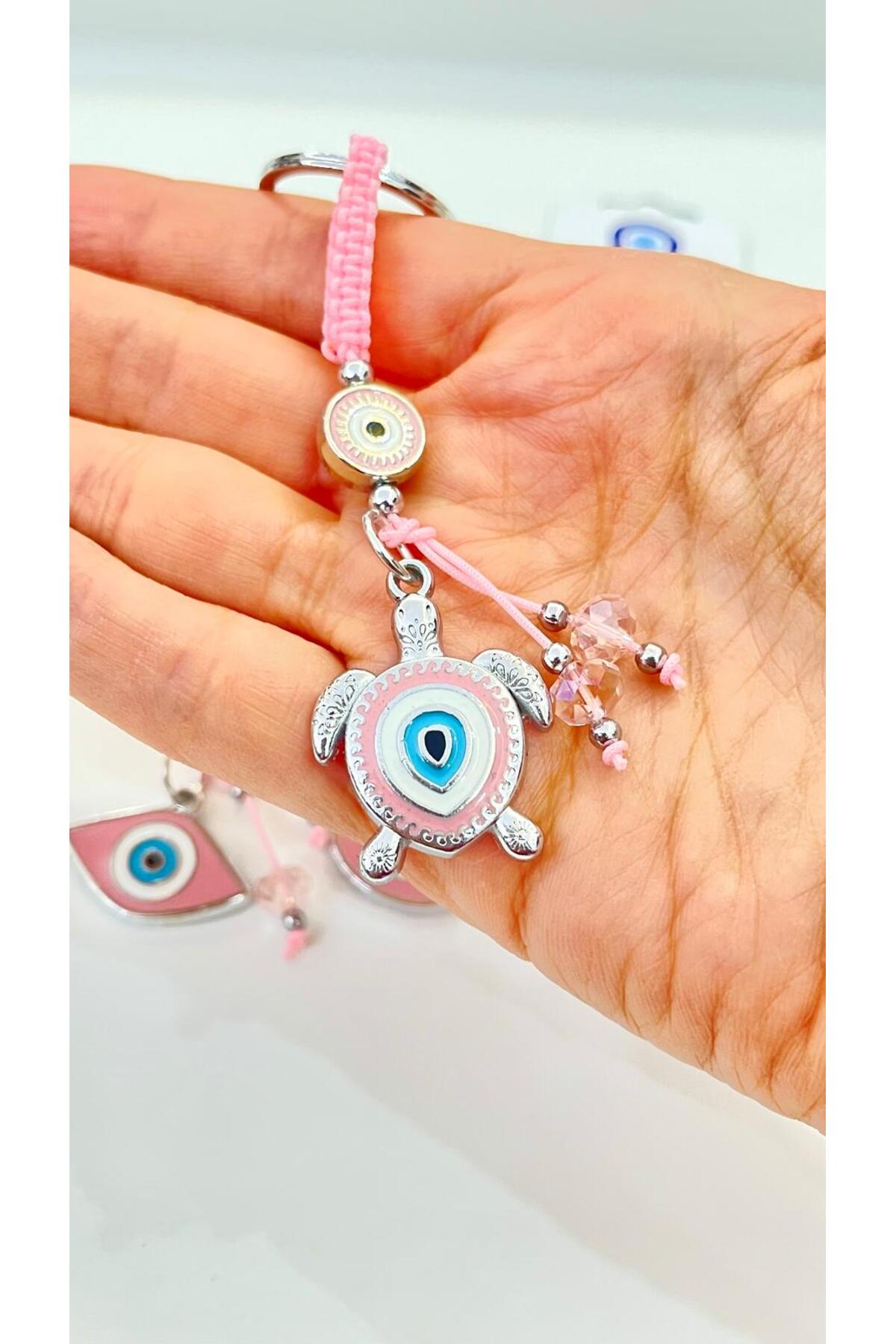 Abigail Silver-Plated Evil Eye Keychain - Pink Turtle Design