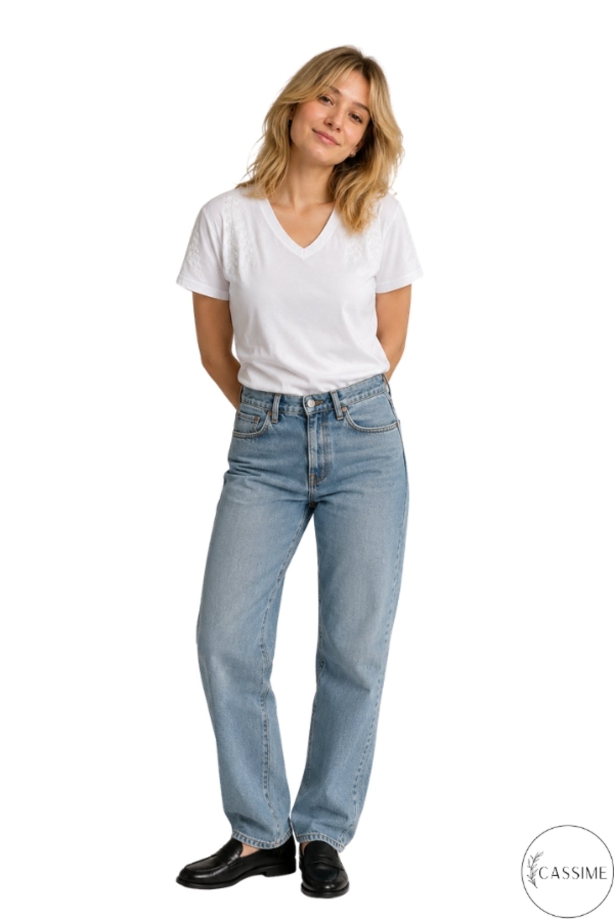 Emma Women's Cotton Embellished T-Shirt - White with Floral Shoulder and Sleeve Sequins