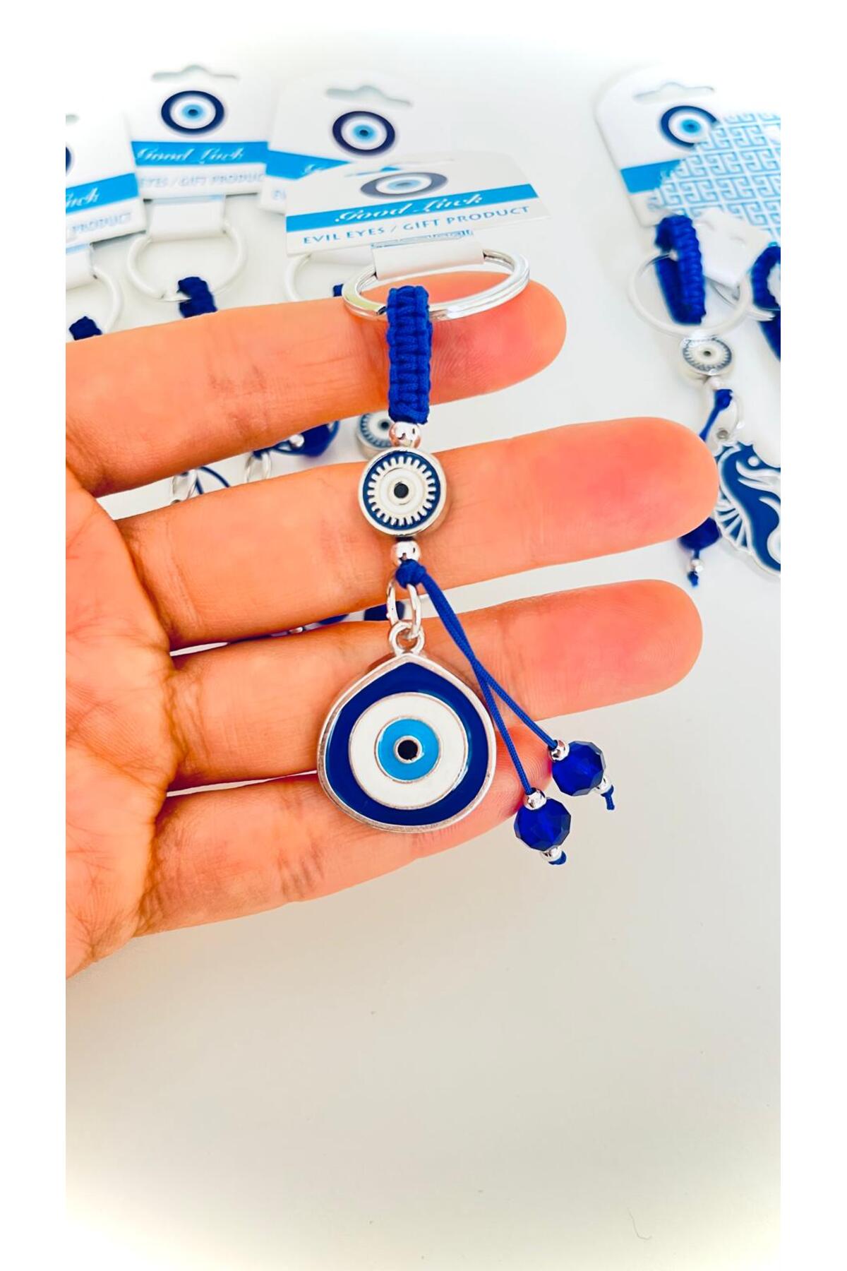 Abigail Silver-Plated Evil Eye Keychain - Navy Teardrop Evil Eye