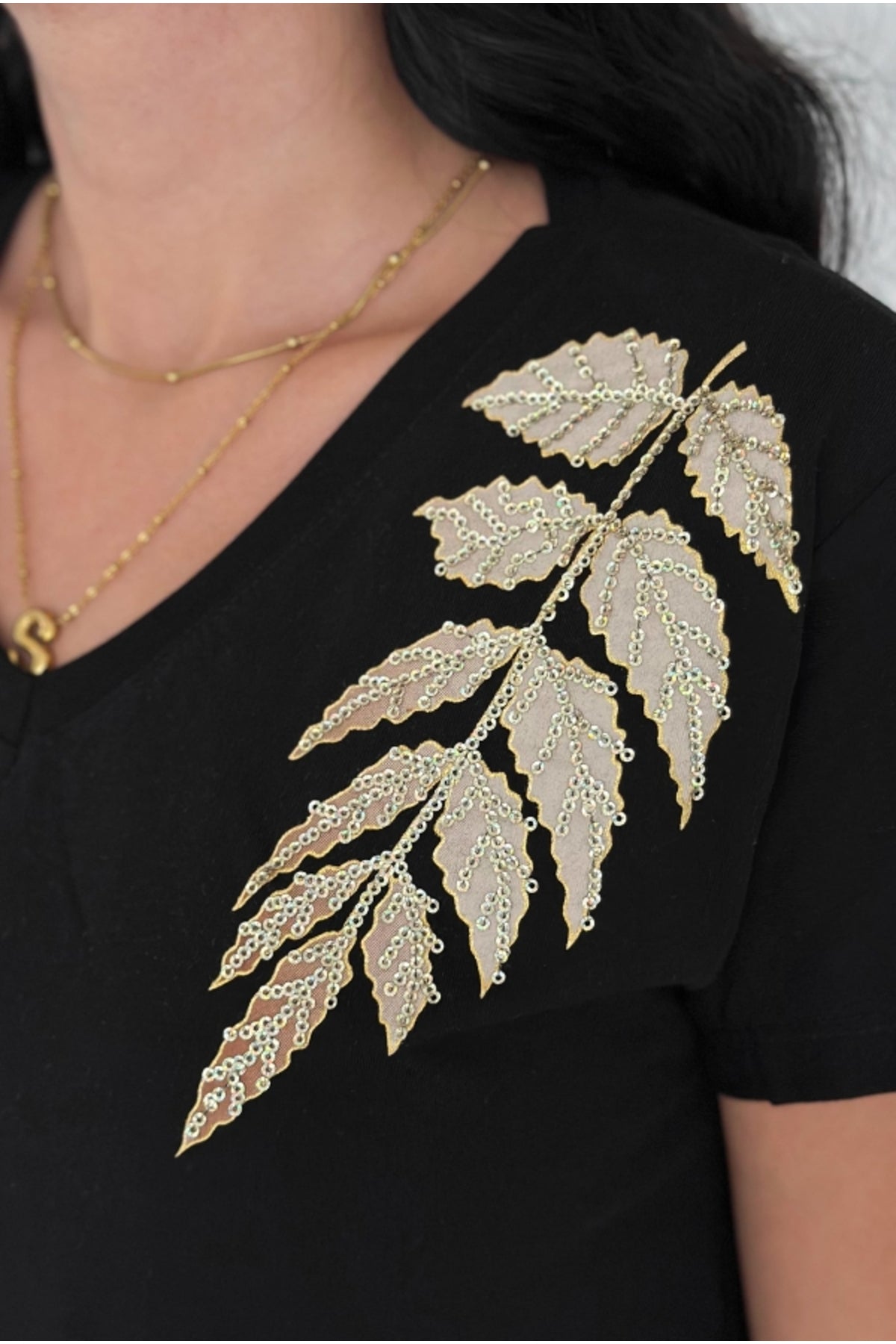 Olivia Women's Cotton Plus Size Embellished V-Neck T-Shirt - Black with Gold Leaf Shoulder Sequins