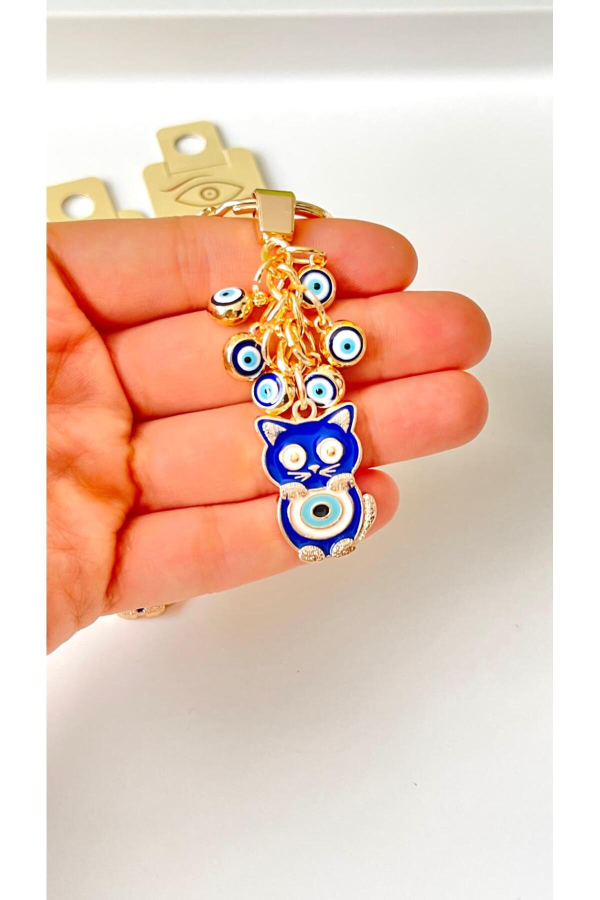 Madeleine Dangling Evil Eye Keychain - Navy Cat Design