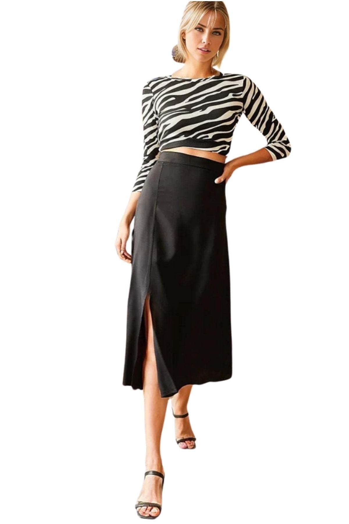 Genevieve Women's Viscose Midi Skirt with Side Slit - Solid Black