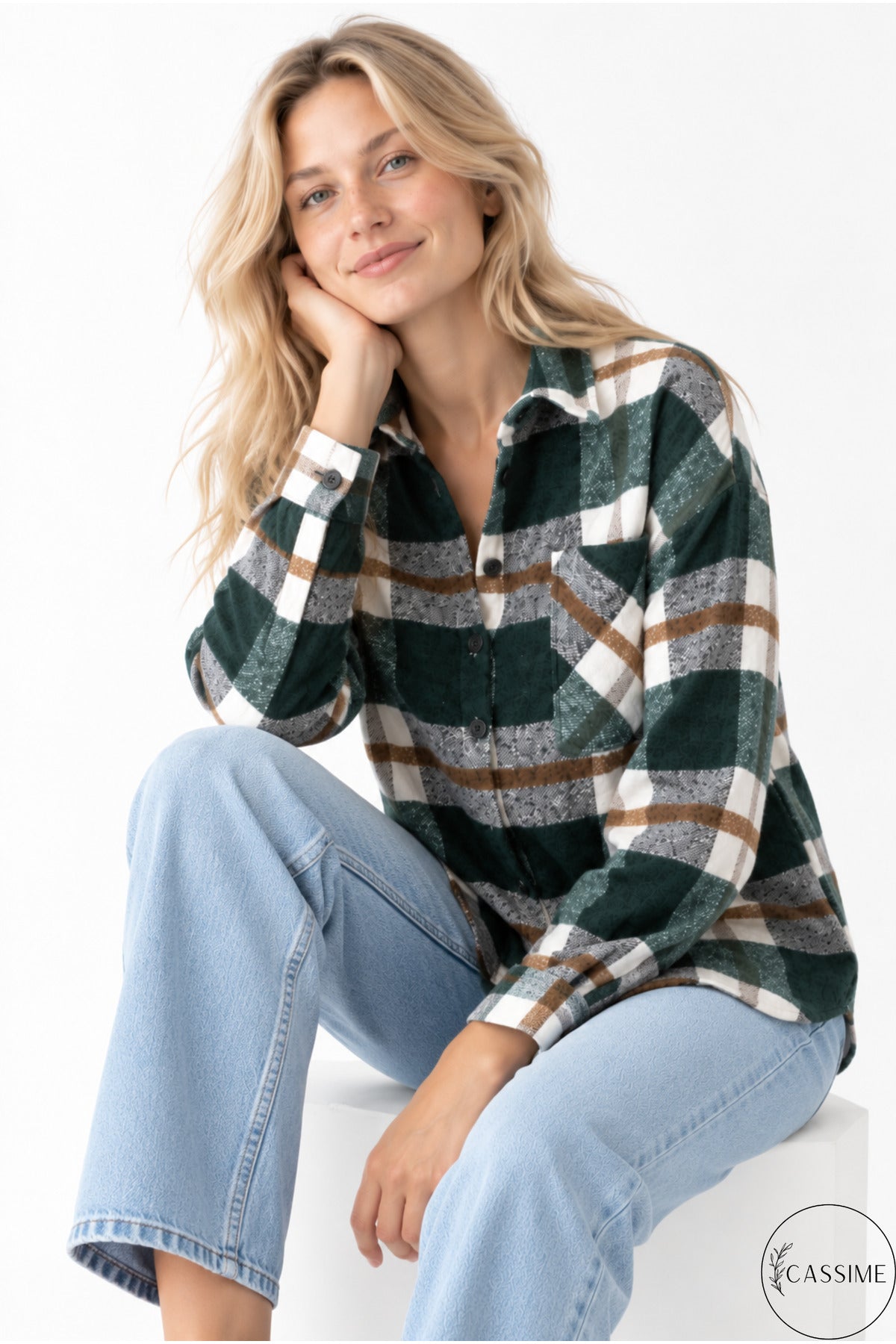 Eleanor Women's Plaid Shacket - Khaki and Brown Striped