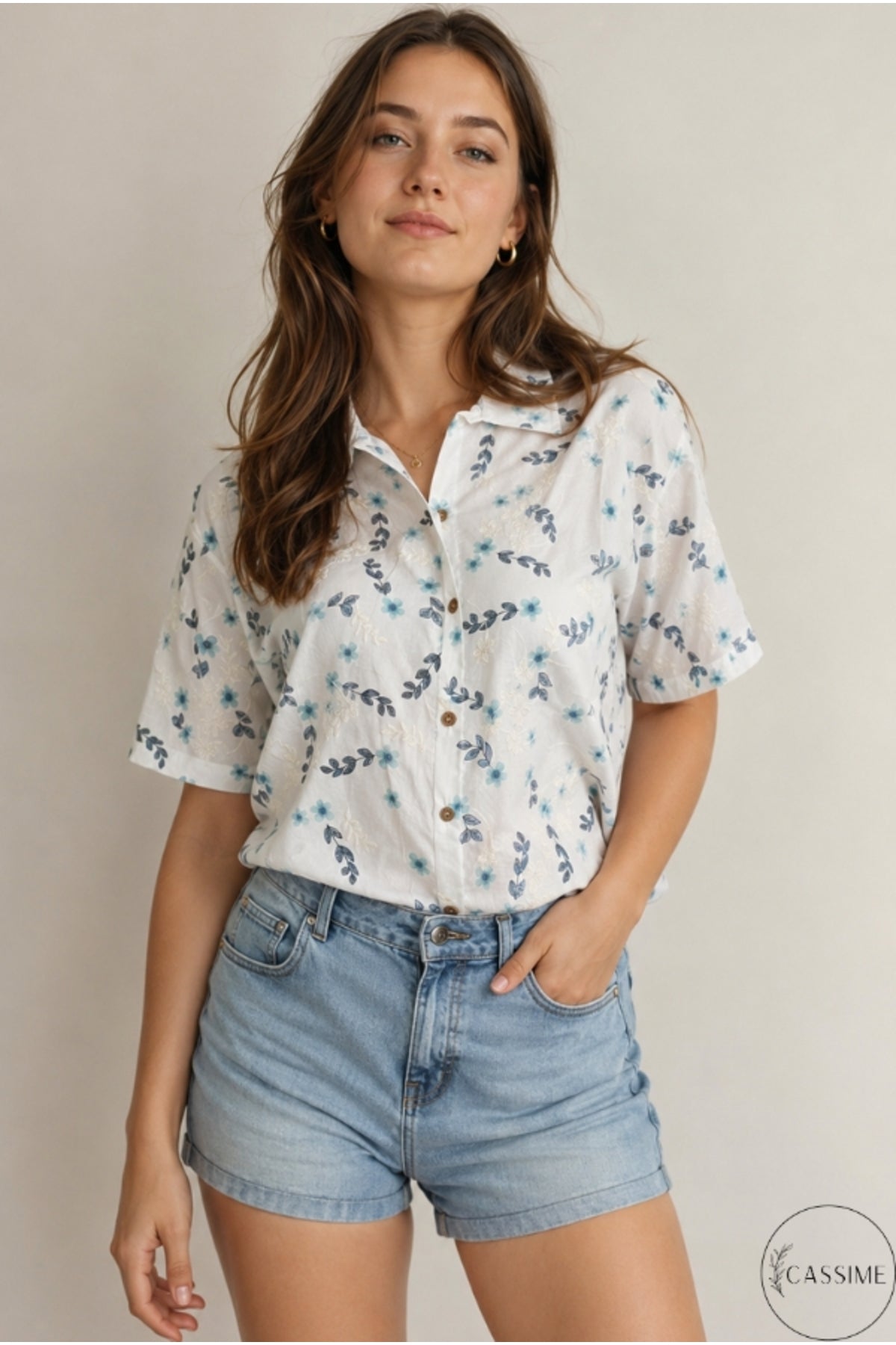 Women's oversized blue floral embroidered button-up shirt - view 8