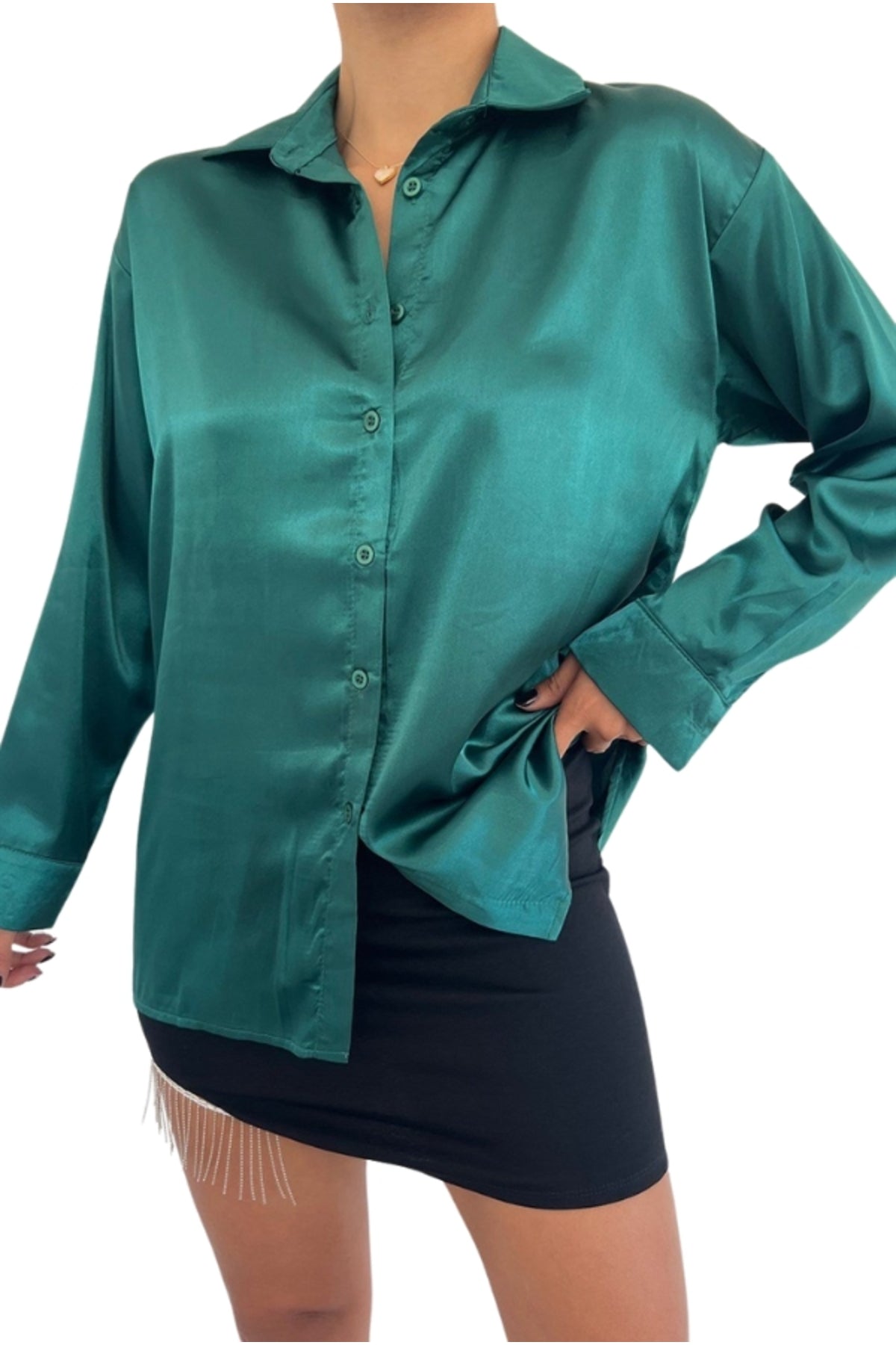 Leah Women's Classic Satin Button-Up Shirt - Emerald