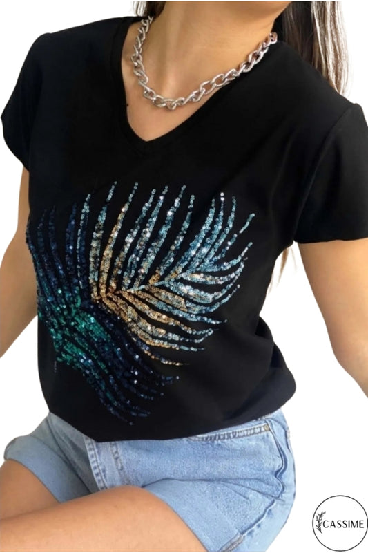 Sophie Women's Cotton Embellished V-Neck T-Shirt - Black Palm Tree Print