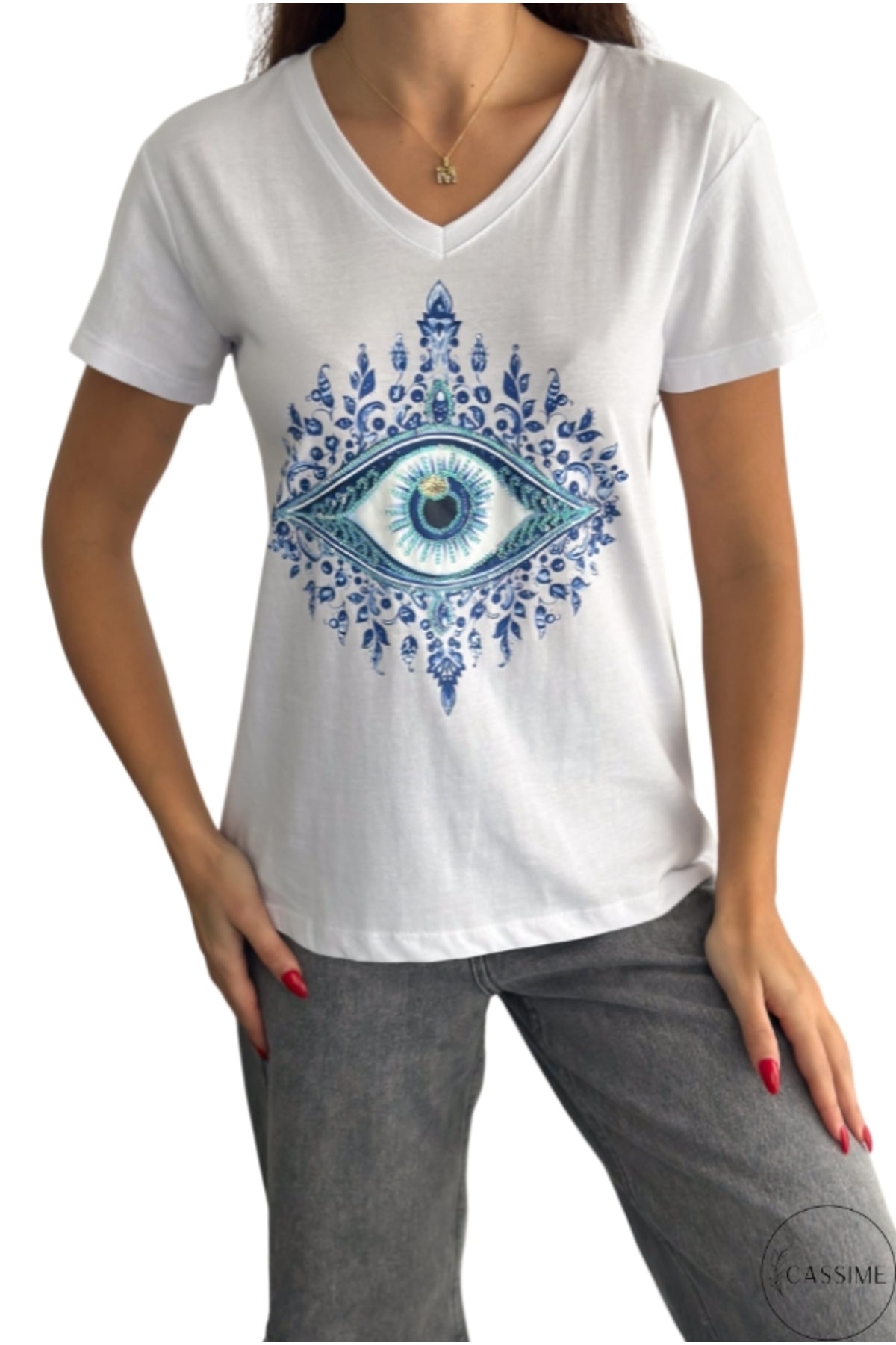 Olivia Women's Cotton Plus Size Embellished V-Neck T-Shirt - White with Blue Evil Eye Print