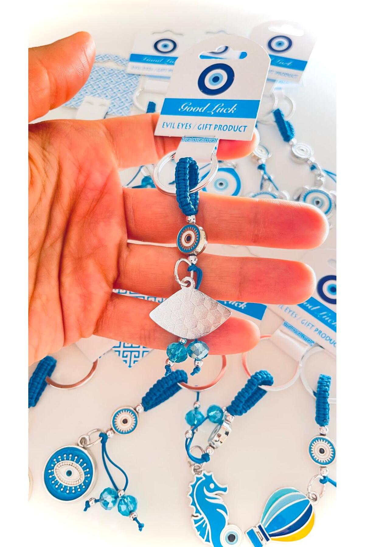 Abigail Silver-Plated Evil Eye Keychain - Blue Oval Evil Eye