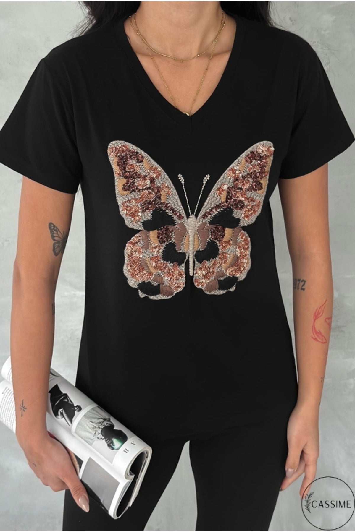 Olivia Women's Cotton Plus Size Embellished V-Neck T-Shirt - Black with Butterfly Embroidery