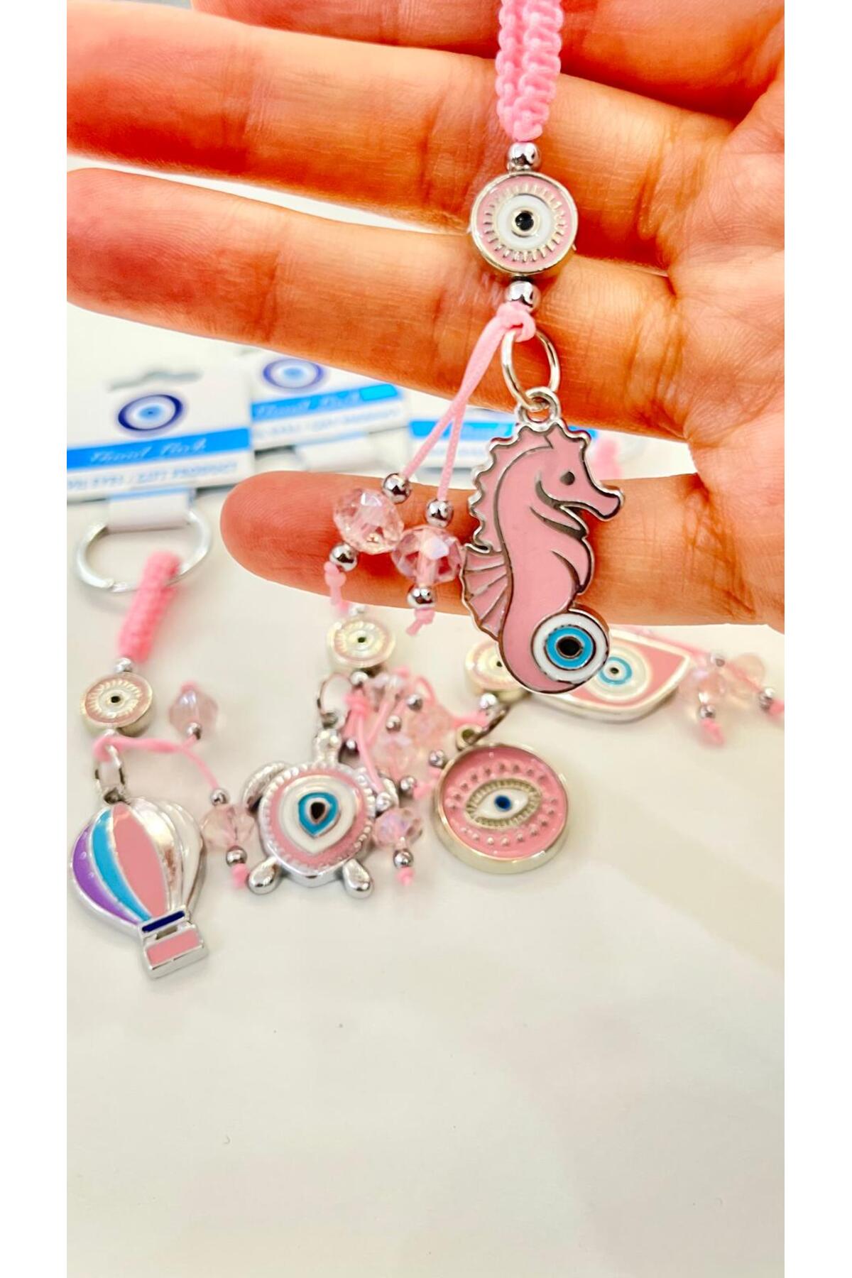 Abigail Silver-Plated Evil Eye Keychain - Pink Seahorse