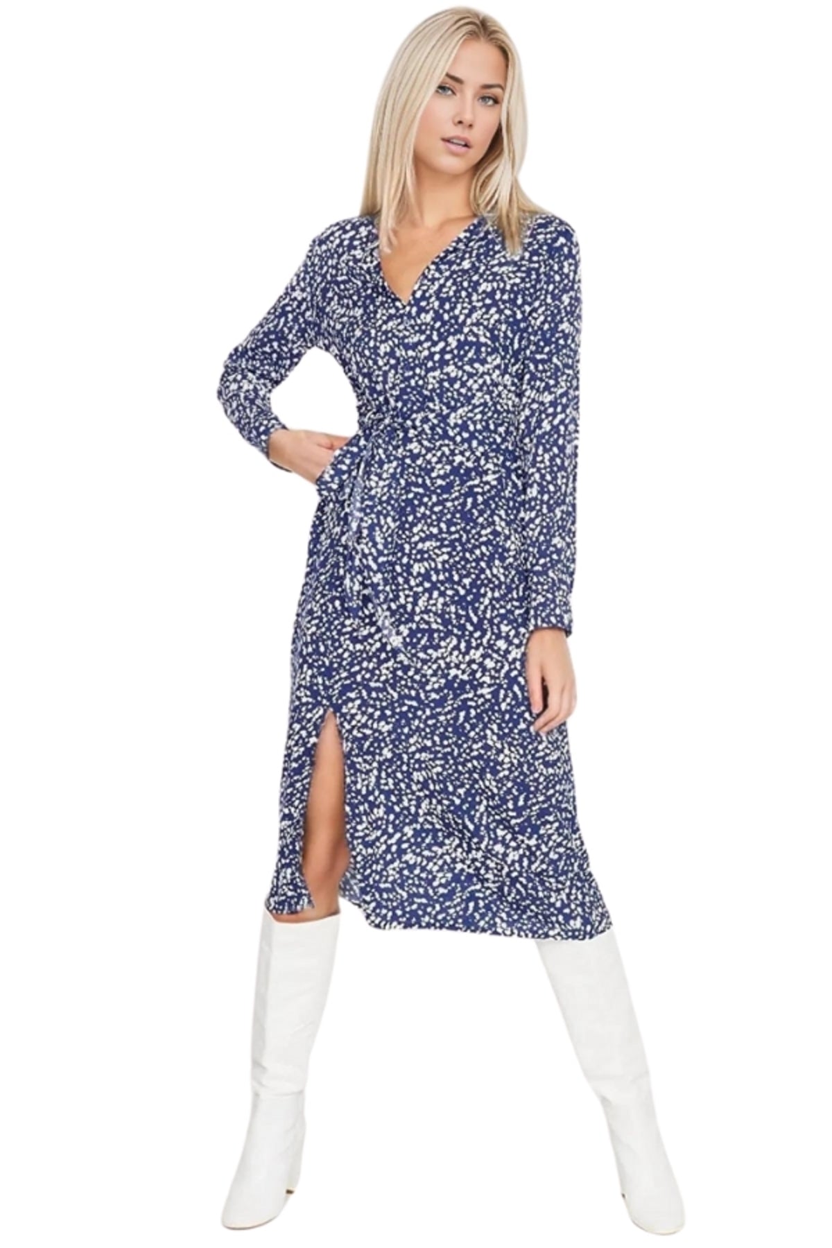 Tessa Women's Viscose Floral Midi Shirt Dress - Blue and White Floral Print