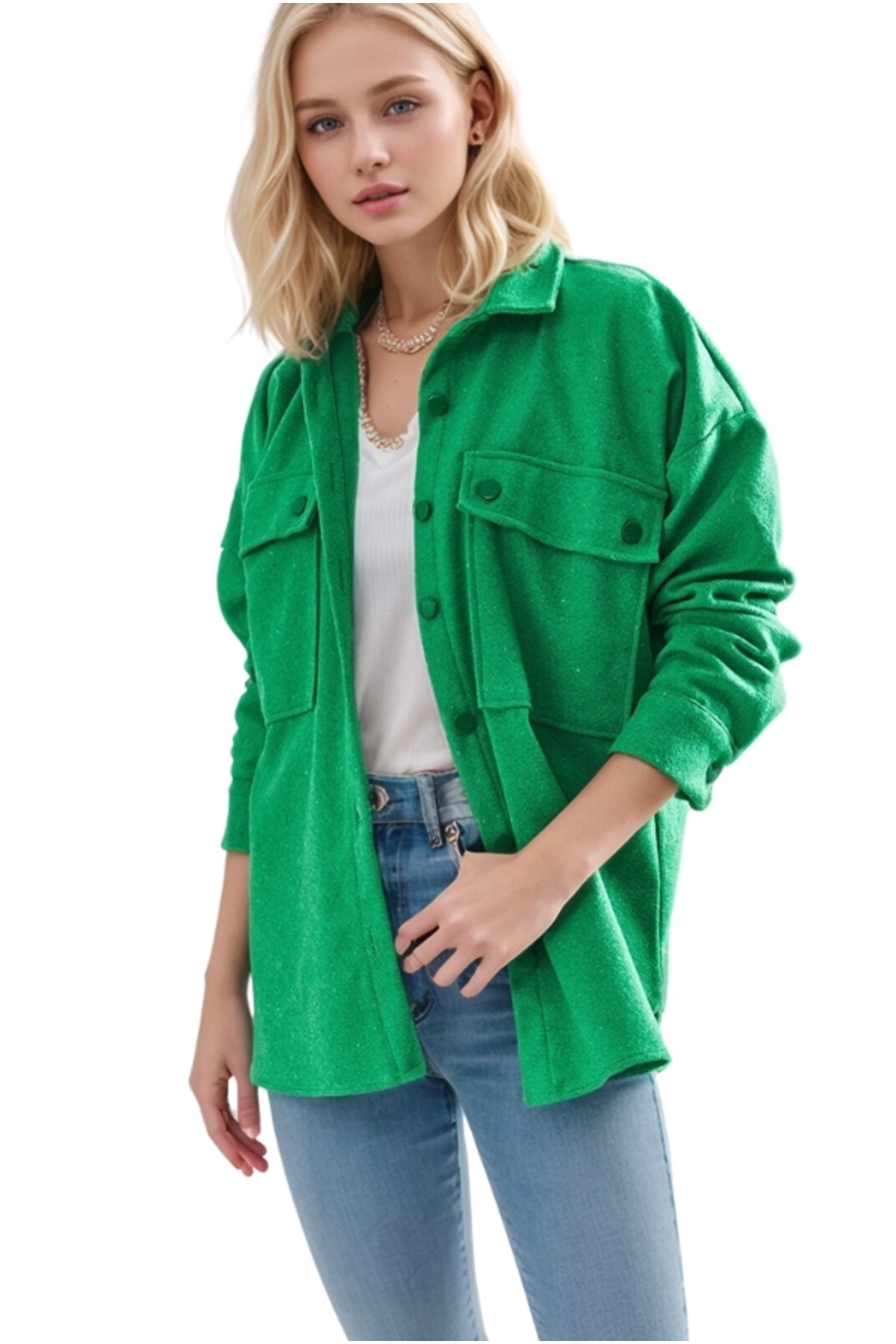 Mabel Women's Felted Fabric Shacket - Grass Green
