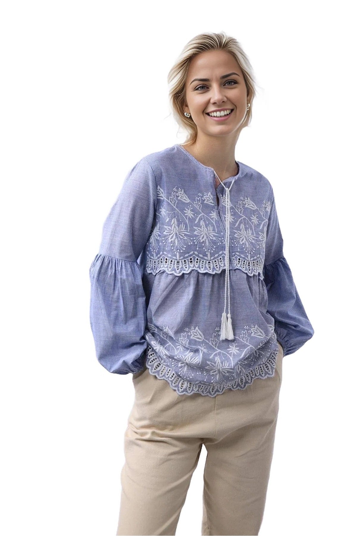 Deborah Women's Cotton Striped Embroidered Button-Up Blouse - Blue