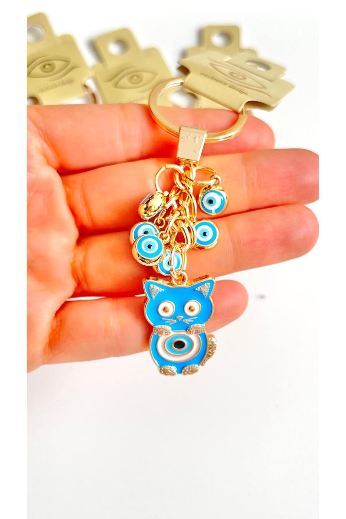 Madeleine Dangling Evil Eye Keychain - Blue Cat Design