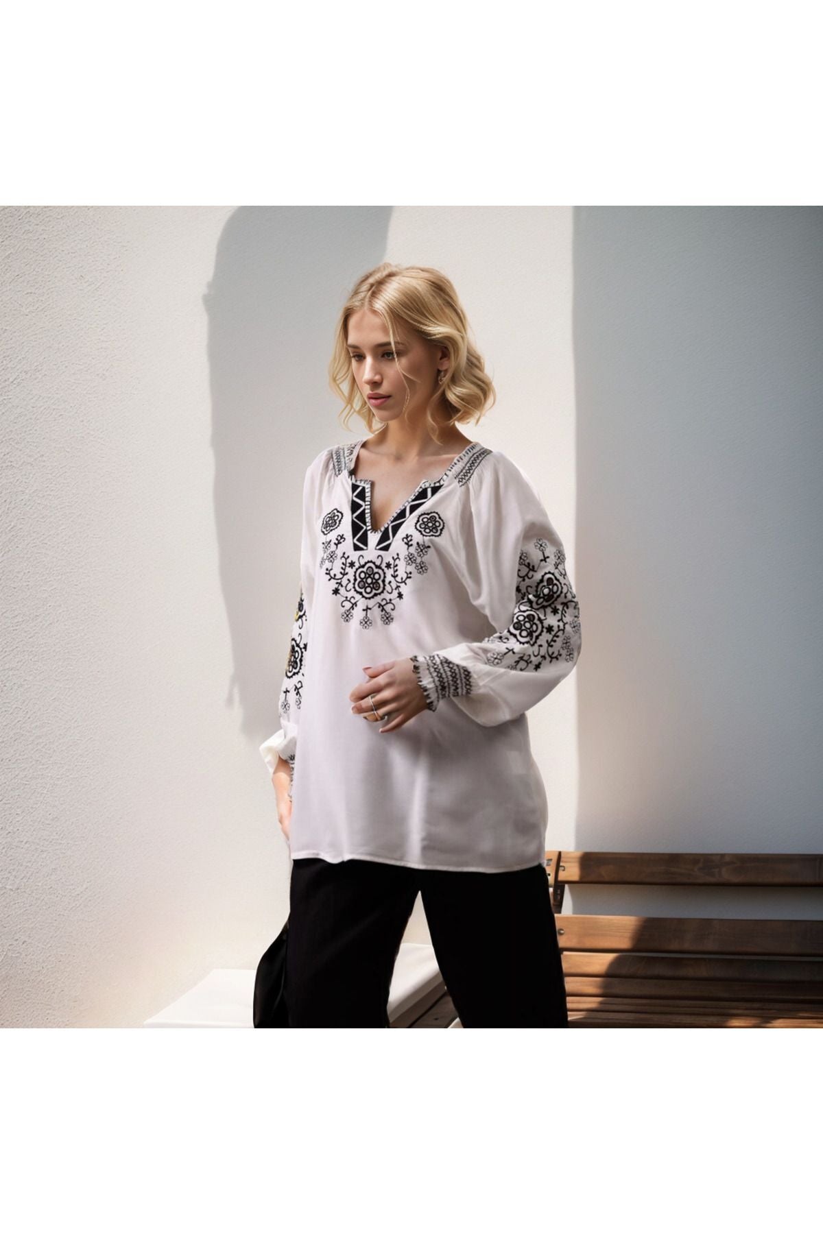 Ashley Women's Cotton Blend Floral Embroidered V-Neck Blouse - White