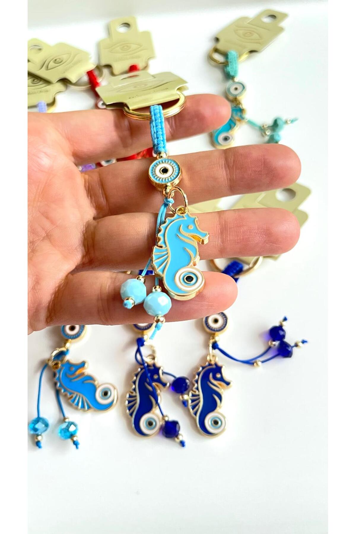 Ivy Gold-Plated Evil Eye Keychain - Light Blue Seahorse