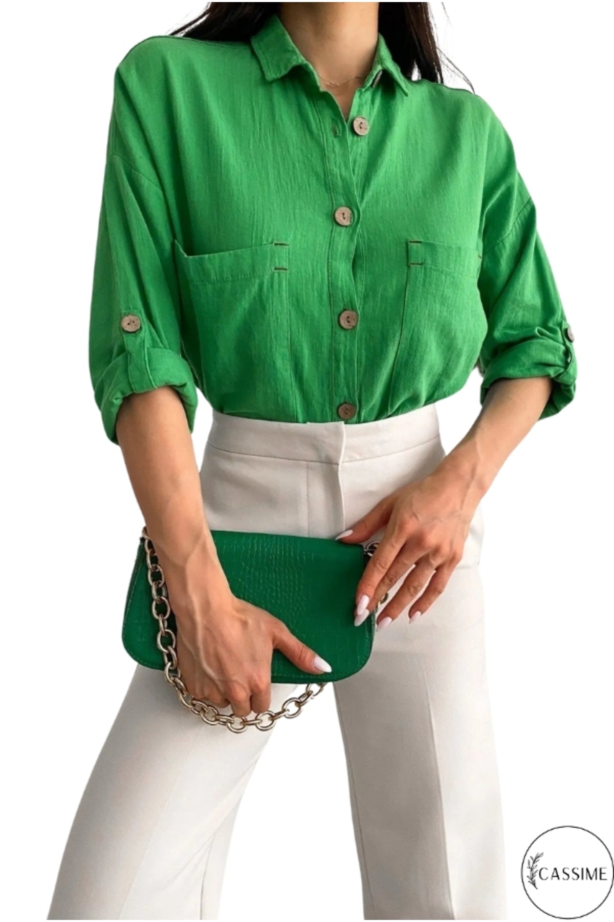 Jasmine Women's Cotton-Linen Blend Oversized Longline Button-Up Shirt - Green