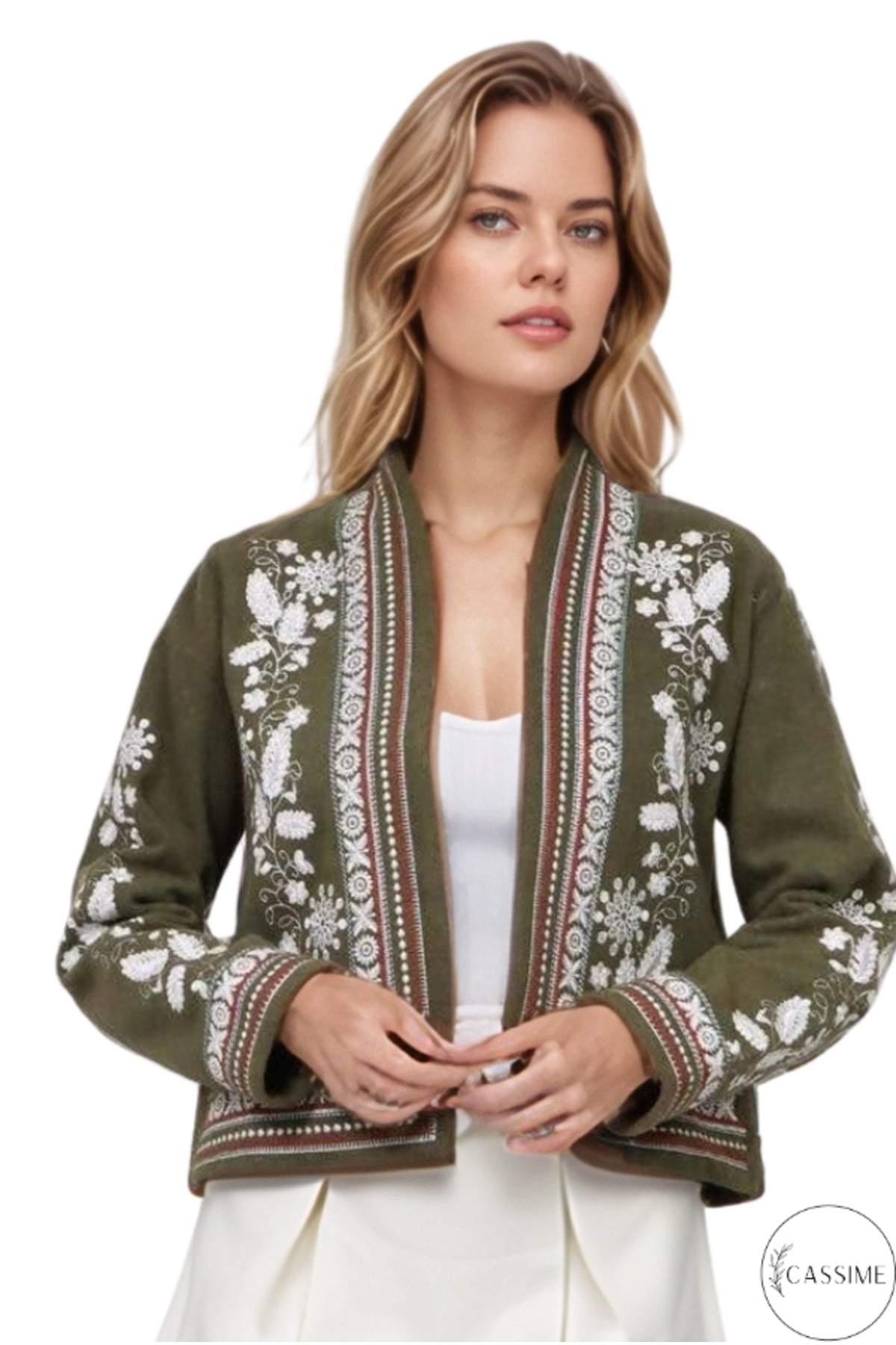 Caitlin Women's Floral Embroidered Boho Jacket - Khaki