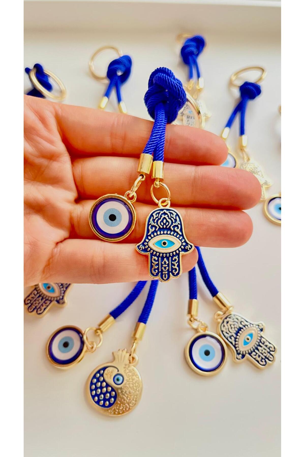 Rose Evil Eye Cord Keychain - Navy and Gold Hamsa Design