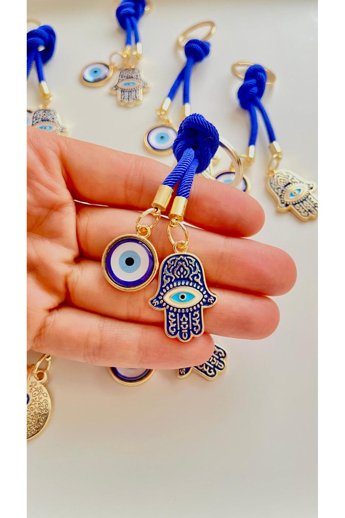 Rose Evil Eye Cord Keychain - Navy and Gold Hamsa Design