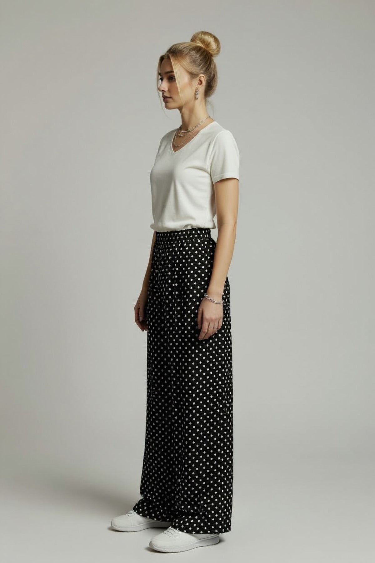 Bethany Women's Viscose High Waist Palazzo Pants - Black with White Polka Dots