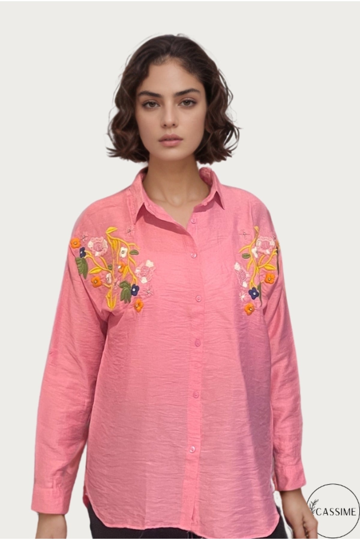 Claire Women's Floral Embellished Button-Up Shirt - Candy Pink Floral Embroidery