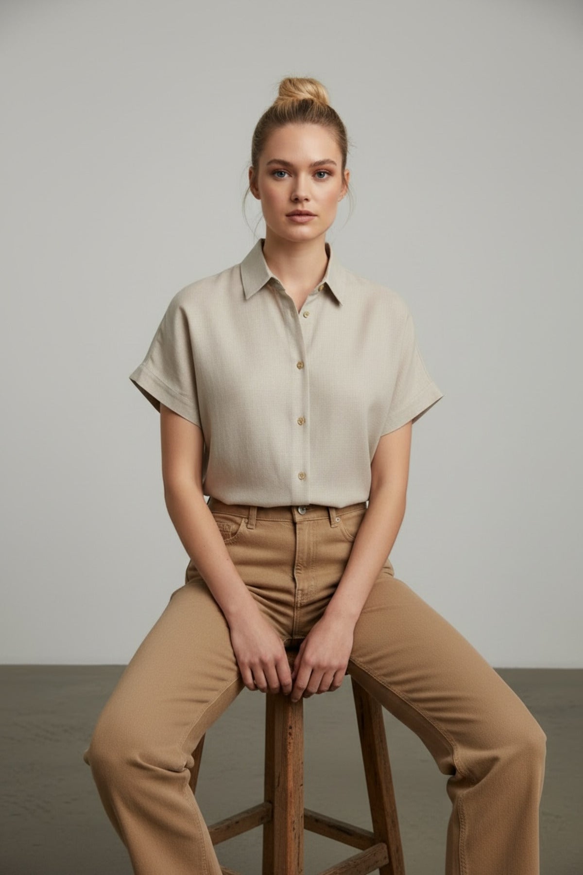 Freya Women's Linen Short Sleeve Batwing Shirt - Beige